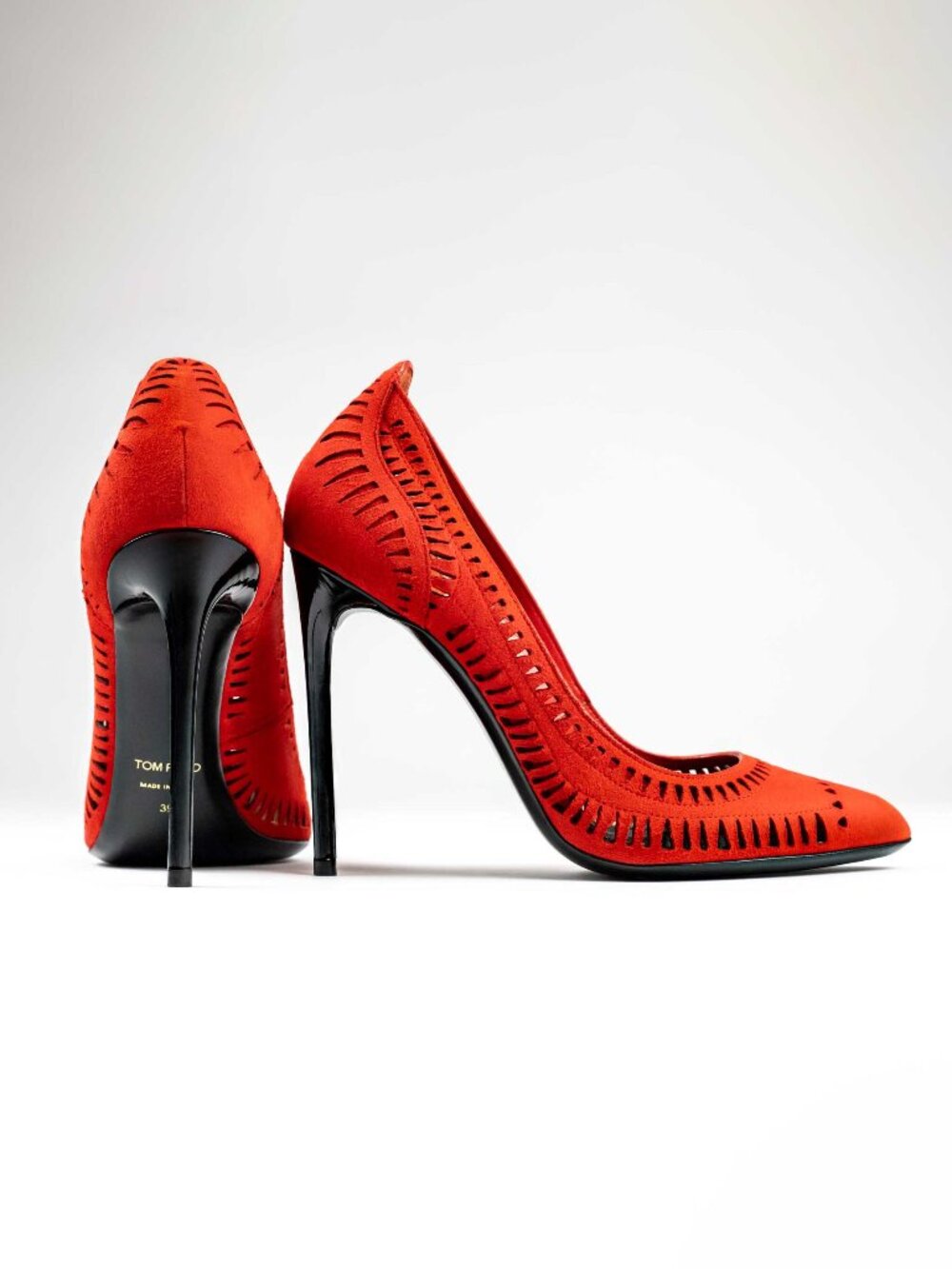 Tom Ford Laser-Cut Perforated Suede Pointy Toe Pumps | Red-Orange | IT 39 / US 8